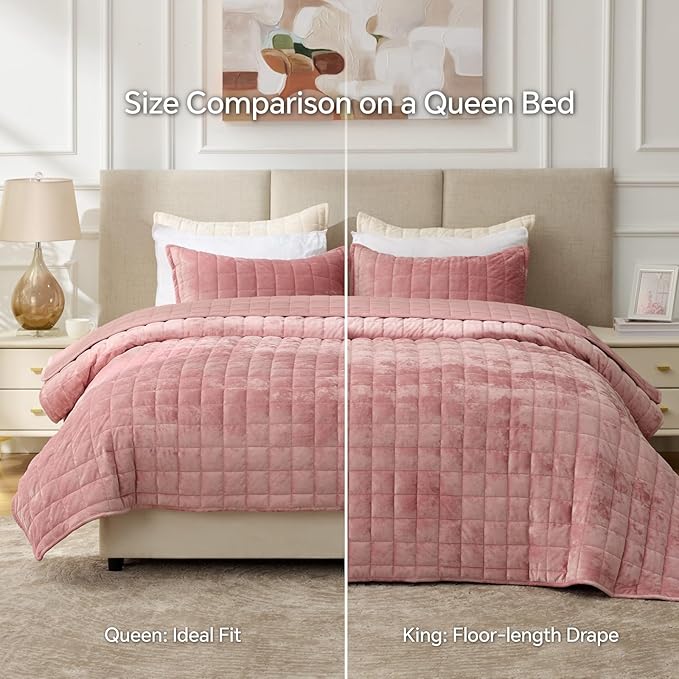 BEDELITE Velvet Quilt Set Queen Size - Luxury Velvet Comforter Bedding Set 3 Pieces, Lightweight Soft Cozy Rose Pink Oversized Bedspread Coverlet for All Seasons with 2 Pillow Shams