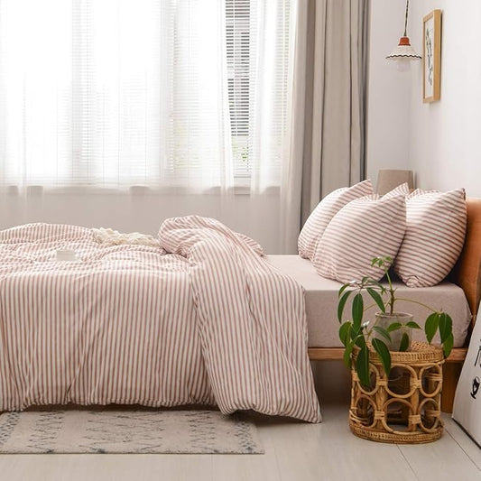 JELLYMONI 100% Natural Cotton 2pcs Striped Duvet Cover Sets,White Duvet Cover with Pink Stripes Pattern Printed Comforter Cover,with Zipper Closure & Corner Ties(Twin Size)