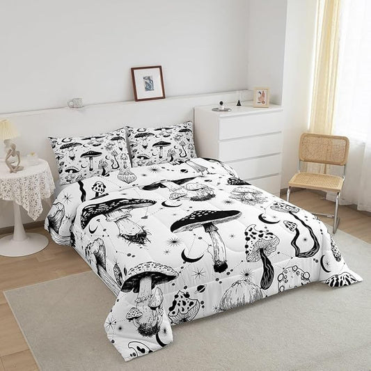 Castle Fairy Wild Mushroom Comforter Set Full Size,Abstract Sun Moon Starry Bedding Set Gothic Plants Quilt Set for Kids Boys Teens Room Decor,Black White Sketch Style Duvet Insert with 2 Pillowcases