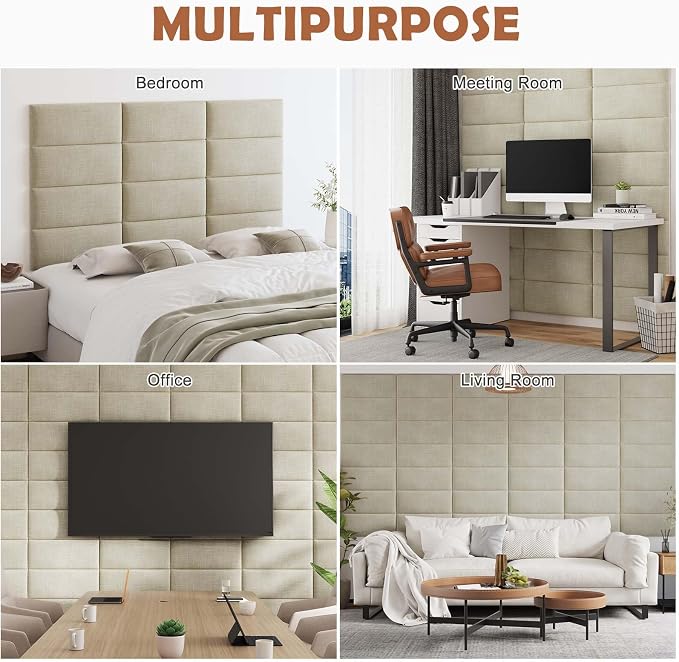 IFNOW Wall Mounted Headboard, Peel and Stick Panels, Beige, Queen | 3D Soundproof Acoustic Padding, Reusable and Removable Tufted fabric Bed Headboard for bedroom (9 Panels, 10" x 24")