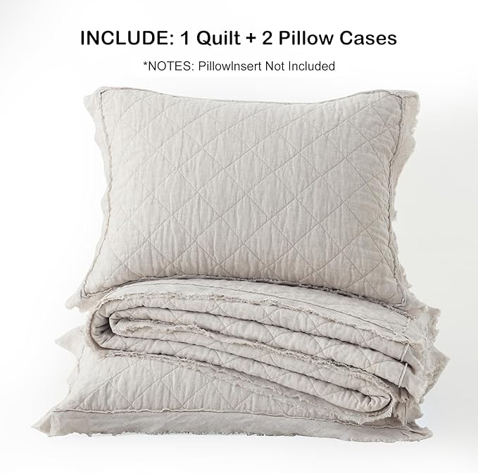 HORIMOTE HOME 100% Linen Front/100% Cotton Back Quilt Set Queen Size, Beige Pre-Washed European Flax Linen Quilt, Diamond Stitch Bedspread Coverlet Bedding Set 3-Piece for All Seasons
