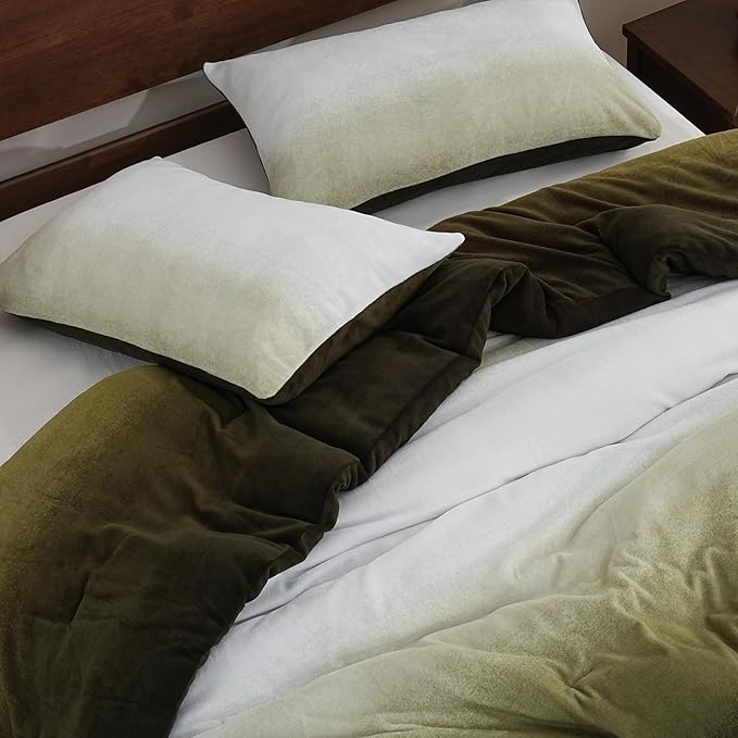 Bedbay Ombre Green Plush Fleece Comforter Set Queen Ultra Soft Velvety Bedding for Winter Thick Warm Cozy Gradient Quilt Set 3 Pcs All Season Fluffy Velvet Queen Bed Set with 2 Pillowcases
