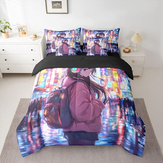 Erosebridal Cool Anime Girl Bedding Set Japanese Style Kids Full Comforter Set 7 Piece 3D Cartoon Girly Anime Bed in A Bag Sci Fi Style Gaming Sheet Set with Comforter Room Decor