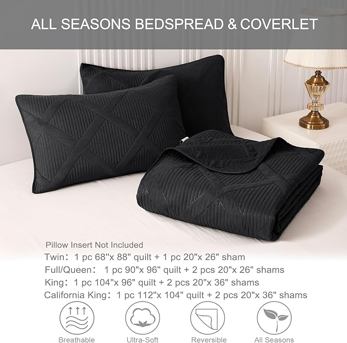 Exclusivo Mezcla Full Queen Size Quilt Set with Modern Striped Pattern, 3 Pieces Lightweight Black Quilts Bedding Set, Soft Bedspreads Coverlets for All Seasons