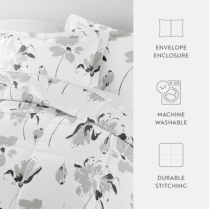 LINENS & HUTCH Comforter Set Patterned Microfiber All Season Down-Alternative Ultra Soft Bedding in Magnolia - Twin/TwinXL Magnolia Light Gray