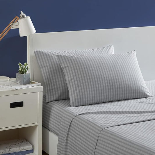 Nautica - Twin XL Sheets, Cotton Percale Bedding Set, Fully Elasticized, Ideal Dorm Essentials (Michael Plaid Grey, Twin XL)