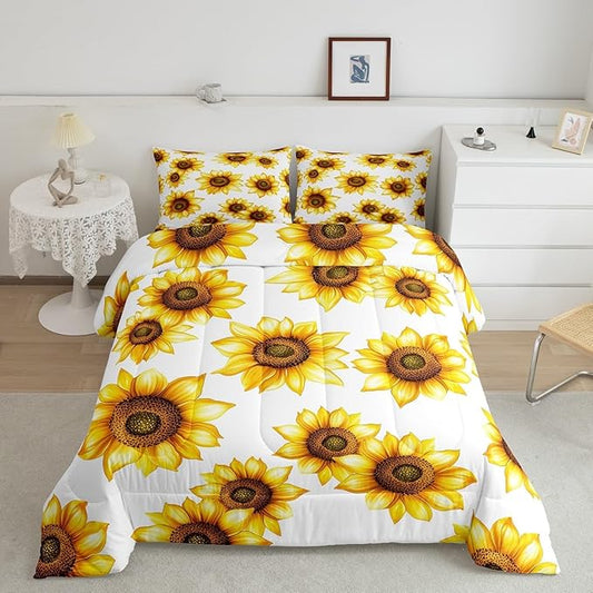 Sunflower King Bedding Set 3D Floral Comforter Set Yellow Flowers Bedding Comforter Sets Pastoral Sunflower Decor For Bedroom Quilt Nature Blossom Plants Down Comforter With 2 Pillowcases, White