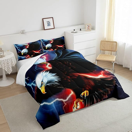 American Flag Eagle Comforter Set King Size,Lightning Night Bedding Set 3pcs,Kids Girls Boys Adult Room Decor,Wild Animals Theme Duvet Insert Vintage Cool Quilted Duvet Set with 2 Pillowcases