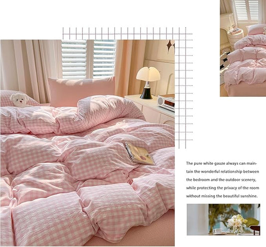 VM VOUGEMARKET Cute Pink Gingham Duvet Cover Set for Girls, Soft Washed Cotton Bedding Set with Pillowcases, Aesthetic Plaid Comforter Cover for Teen Girls, Students, Bedroom Dorm Decor, Queen Size