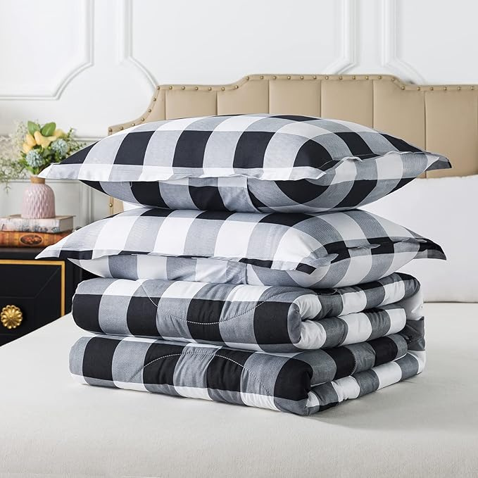 Caressma Plaid Comforter Set Twin - Black White Buffalo Checkered Comforter Bedding Set for All Seasons, Classic Gingham Pattern Soft Microfiber Comforter with Pillowsham