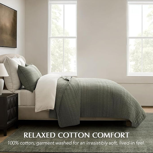 EVERGRACEHOME 100% Cotton Modern Lines Quilt Set Queen Size, Pre-Washed Soft Striped Coverlet Bedspread, 3 Piece Lightweight Bedding Set for All Season, with 2 Pillow Shams, Olive Green