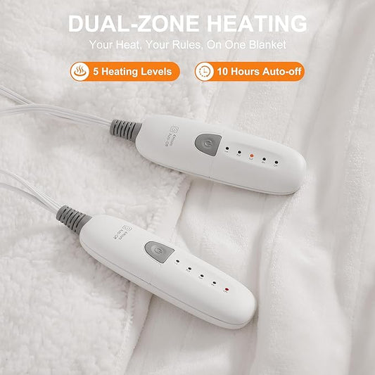Queen Electric Blanket 84''X90'' Dual Control Heated Blanket - Soft Silky Plush Heating Blanket with 5 Heating Level & 10 Hour Auto Off, ETL Certified & Machine Washable for Grandma Gifts(Cream)