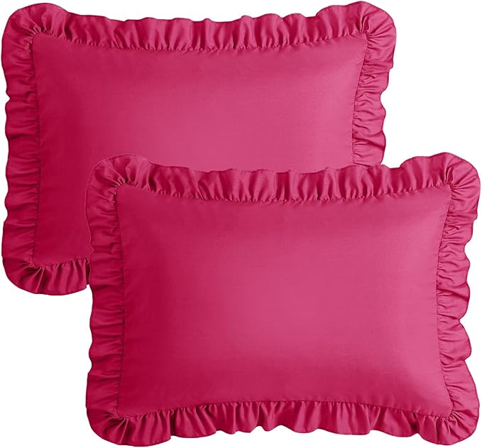 KKJIAF Ruffle Pillow Cases Standard Size Set of 2, Ruffled Pillow Covers with Envelope Closure, Wrinkle Resistant Ruffled Pillow Shams 20" x 26", Hot Pink