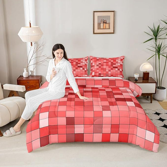 Pixelated Comforter Set King Size,Patchwork Grid Video Games Kids Bedding Set,Miners Lattice Simple Quilt Comforter,Red Duvet Insert,2 Pillowcases
