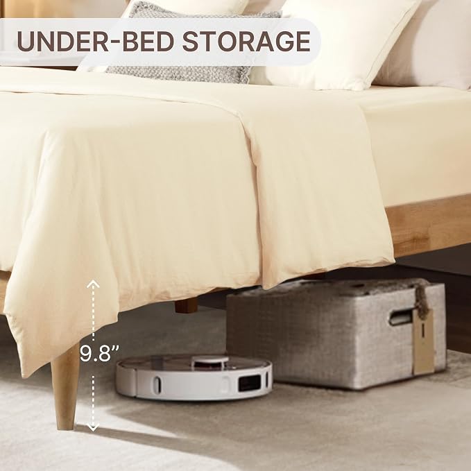 KISLOT Wood Bed Frame with Upholstered Headboard, Cream, Queen | Wooden Platform, Silent Slat Support, Mattress Foundation, No Box Spring Needed, Easy Assembly