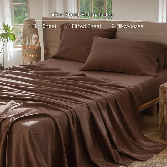 MooMee Bedding Sheet Set 100% Washed Cotton Linen Like Textured Breathable Durable Soft Comfy (Solid Cocoa Brown, Full)