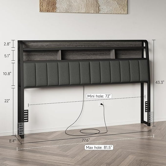 King Headboard Only with Storage, Upholstered Headboards for King Size Bed with LED Light, Charging Station, Height Adjustable, Sturdy and Stable Headboard, Black & Grey