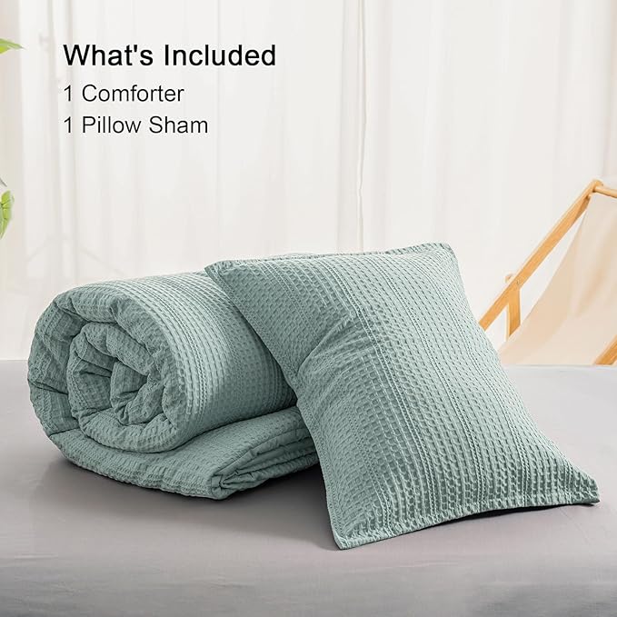 PHF Soft Waffle Comforter Set Twin Size- Comfy Breathable Waffle Weave Comforter with 1 Pillow Shams, 2 Pieces Less Snagging Lightweight Textured Bedding Set for All Season, Dusty Blue