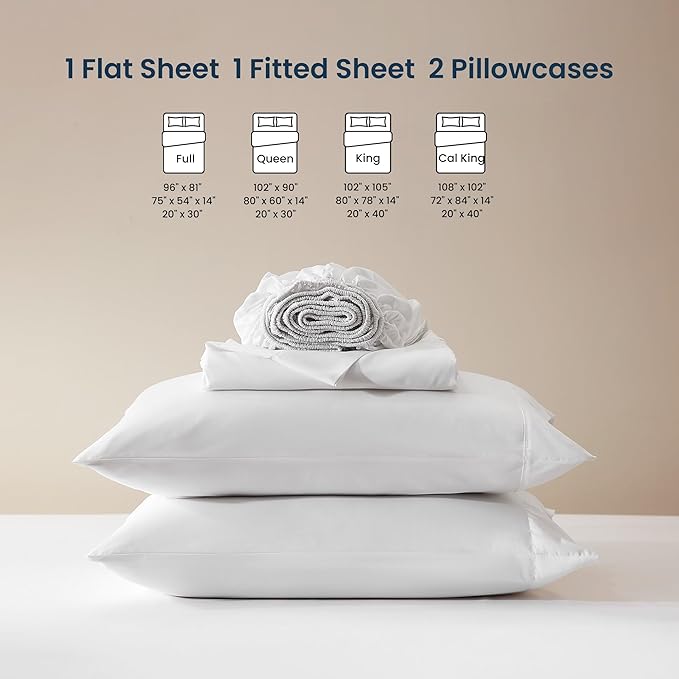 SLEEP ZONE Nanotex Super Soft Cooling Full Size Bed Sheets Set 4 Piece - Easy Care Fitted Flat Sheet & Pillowcase Sets - Wrinkle Free, Fade Resistant, Deep Pocket 16" (White, Full)