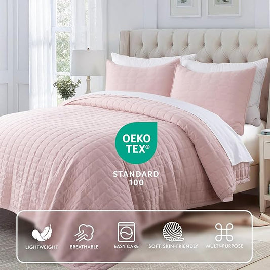 KASENTEX Queen XL Quilt Set 98"x98" – Soft Washed 3-Layer Lightweight Bedspread, Minimalist Nordic Design, All-Season Spring & Summer Quilt Set (1 Quilt + 2 Pillow Shams), Blush Pink