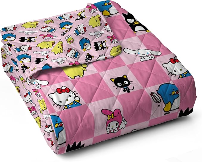 Northwest Hello Kitty & Friends Reversible Quilted Throw, Kawaii Checkered Pattern, Comfy Throw, for Anime Fans, Game Room, Chair or Couch, 60 x 80 Inches