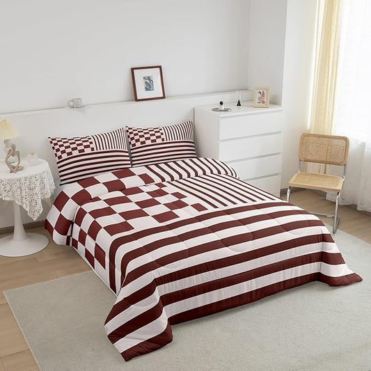 Brown Check Comforter Set Fashion Buffalo Plaid Bedding Set Modern Simple Style Bedding Home Decor Brown Stripes Geometric Comforter Twin Size Quilted Duvet Set 1 Comforter with 1 Pillowcase