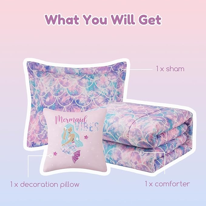 Twin Comforter Set for Girls-3 Pieces Mermaid Glow in the Dark Twin Bedding Sets for Kids,1 Comforter,1 Sham and 1 Decor Pillow