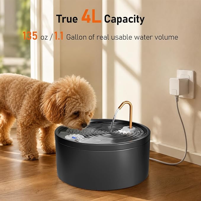 MISFANS Ceramic Dog Water Fountain, 4L/135oz/1.1Gal – All-Ceramic Body with Copper Water Spout – Pet Drinking Fountain for Medium & Small Dogs, Ultra-Quiet Pump, Includes 3 Filters & Sponges