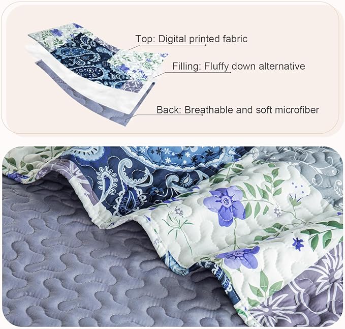 Whale Flotilla Patchwork Quilt Twin Size, Soft Boho Floral Bedspreads for Bed Reversible Lightweight Twin Quilt Bedding Set Coverlets with 1 Pillow Sham for All Seasons, Paisley Flowers