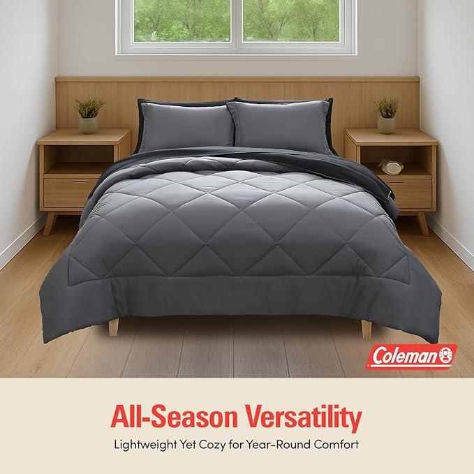 Coleman Twin Comforter Set Reversible Bed-in-a-Bag– Double-Sided Color Options, All-Season Comforter + Shams + Sheets – Perfect for Home, Cabin or Camp Use, Black/Gray