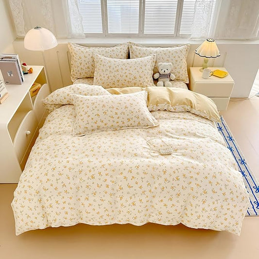 Yellow Comforter Set Full Size - Orange Floral Quilt Bedding Set 3 Pieces, Comforter Set Full, Soft & Lightweight Comforter(79‘’ x 90‘’) for Girl All Season & 2 Pillowcases(30‘’x20‘’)