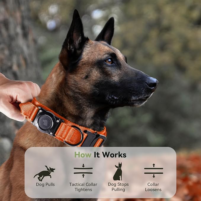 2026 Upgrade Waterproof Tactical AirTag Dog Collar, Built in AirTag Holder | Comfortable Control Handle, Quick Release Metal Buckle, Durable 1000D Nylon, For Medium to Large Dogs, Orange,L