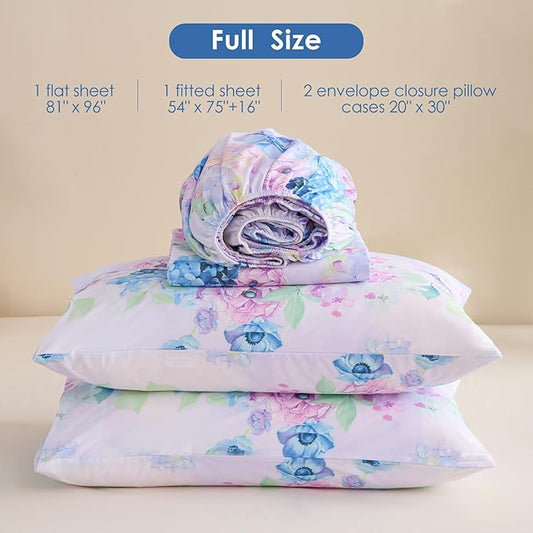 JSD Purple Hydrangea Floral Sheet Set Full Size, 4 Piece Printed Microfiber Bed Sheets Deep Pocket