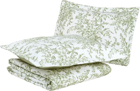 Laura Ashley - Queen Quilt Set, Soft & Reversible Cotton Floral Bedding with a Medium Weight Feel, 3 Piece Bed Set with Matching Pillowcases (Bedford Green/Off-White)