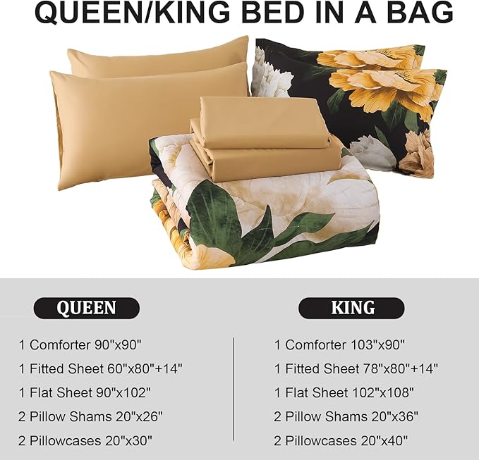 Dobuyly Black Floral Comforter Set Queen 7 Piece Bed in a Bag, Yellow Brown Flower Printed on Black Comforter Set with Sheets, Soft Microfiber Botanical Boho Bedding Set for All Season