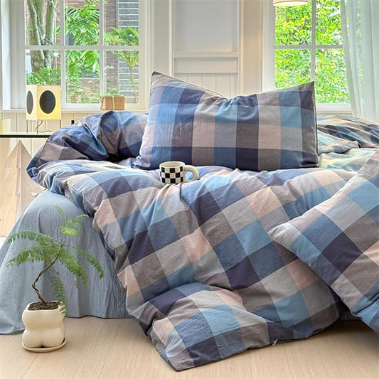 VM VOUGEMARKET Blue Plaid Duvet Cover Sets Queen,Soft Washed Cotton 3 Pieces Gingham Duvet Cover with Zipper Closure for Teen Boys Girls Simple Modern Bedding Set (Blue/Grey/Beige)
