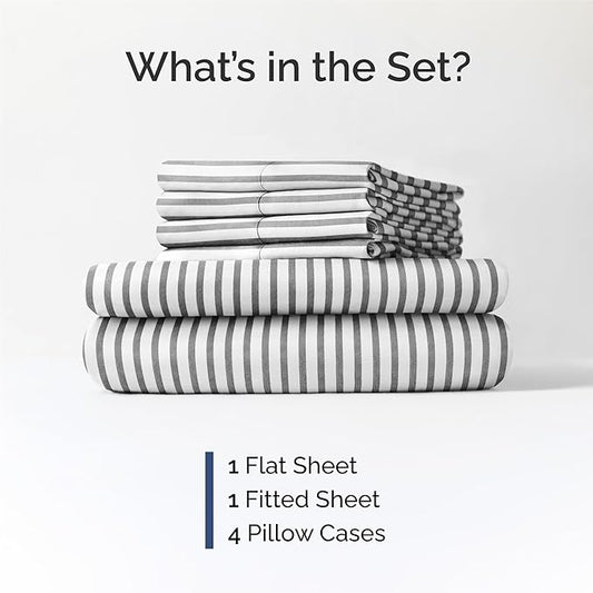 King 6 Piece Sheet Set - Comfy Breathable & Cooling - Soft Hotel Luxury Bedding Set with 8-16 Inch Deep Pockets - 1 Flat & 1 Fitted Sheet & 4 Pillowcases - Wrinkle Free & Easy Care - Grey Stripes 2