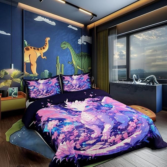 Cartoon Dragon Wildlife King Size Comforter/Duvet Set,Kids Dragon Ultra Soft Bed Collection,Watercolor Flower Bedding for Room Decor 3 Pcs,Microfiber Breathable