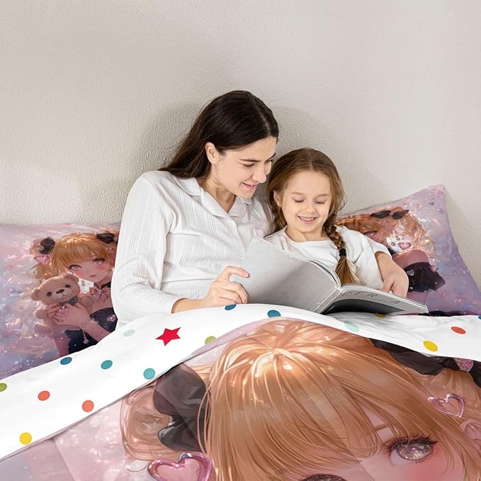 Erosebridal Bow Girls King Down Comforter Pink Kawaii Cartoon Anime Kids Comforter Set with 2 Pillow Cases,Romantic Aesthetic Princess Bedding Set Japanese Style Girl Bed Set