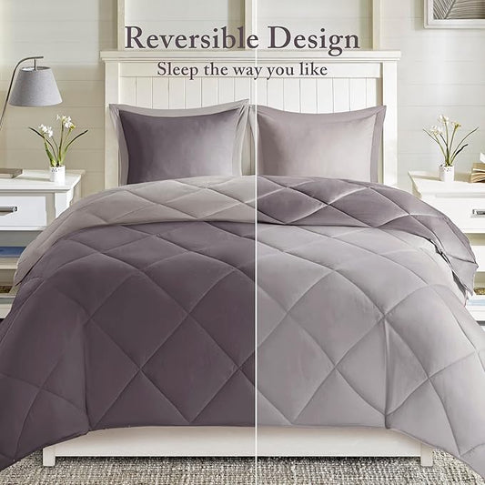 Madison Park Comforter Set, Reversible Down Alternative All Season Microfiber Bedding, 3M Scotchgard Stain Release, Full/Queen Dorm Comforter, Charcoal/Grey