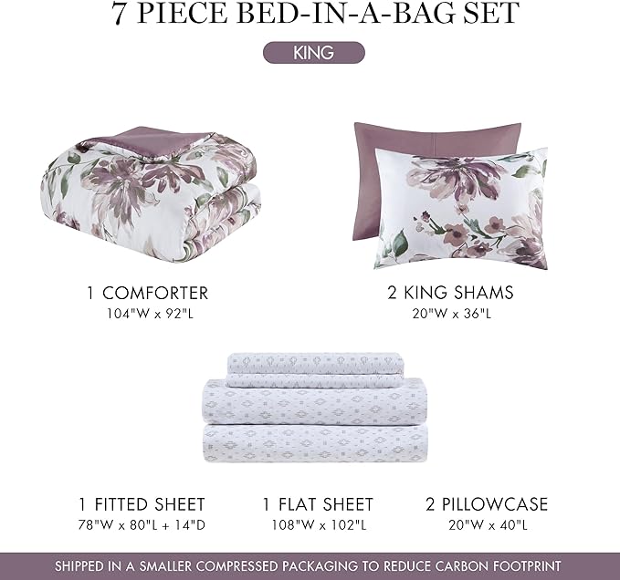Madison Park King Comforter Set with Sheets, Floral Print, Microfiber Comforter, Shabby Chic Bed in a Bag Set Diamond Printed Sheet, Alice, King Mauve 7 Piece