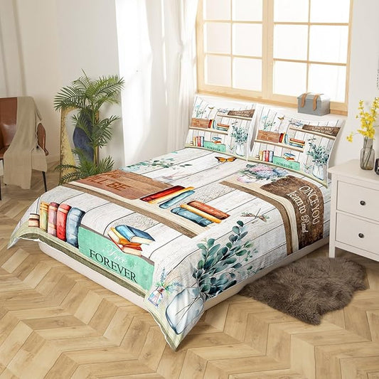 Watercolor Books Bedding Set Reading Time Girls Women Duvet Cover Set Rustic Farmhouse Style Comforter Cover Floral Leaves Bedspread Cover Bedroom Quilt Cover Full with 2 Pillowcase,No Comforter