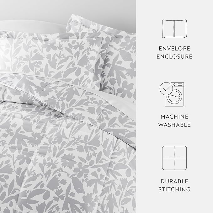 LINENS & HUTCH Comforter Set Patterned Microfiber All Season Down-Alternative Ultra Soft Bedding in Abstract Garden - Twin/TwinXL Abstract Garden Light Gray