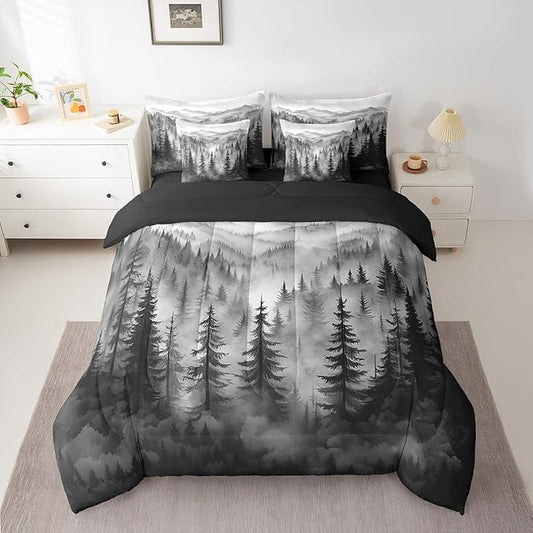 Erosebridal Grey Forest King Comforter Set 7 Piece Rustic Woodland Pine Tree Bedding Set for Kids Boys Adults Men,Jungle Smoky Mountain Bed in A Bag Retro Natural Landscape Sheet Set with Comforter
