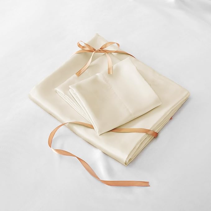 BEDELITE King Size Sheets Set, Luxury Soft Beige Satin Sheets for Hair and Skin, Similar to Silk Bed Sheets Set 4 Pieces with 1 Deep Pocket Fitted Sheet, 1 Flat Sheet, and 2 Pillowcases
