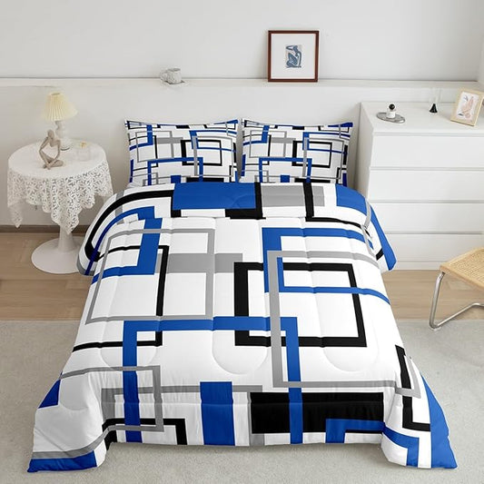 Erosebridal Grid Comforter Set,White Black Grey Blue Square Bedding Set,Geometric Stripes Bold Lines Quilted Duvet Full Warm for Kids Teens Adult,Modern Creative Art Down Comforter with 2 Pillowcases