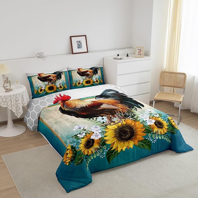 Erosebridal Chicken Comforter Set Queen Size Sunflower Bedding Grey Honeycomb Blue Yellow Rooster Down Farmhouse Wild Animal Leaves Room Decor Comforters & Sets for Adult Kids Boys,Multi 121