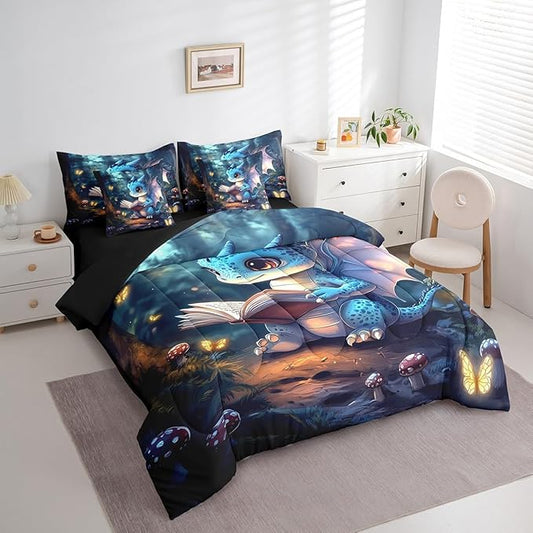 3D Cartoon Dragon Comforter Set 7 Pieces King Size,Western Fairy Tale Bedding Set for Kids,Sparkling Pink Butterfly (Comforter+Fitted+Flat Sheet+2 Pillowcases+2 Throw Pillow Covers)