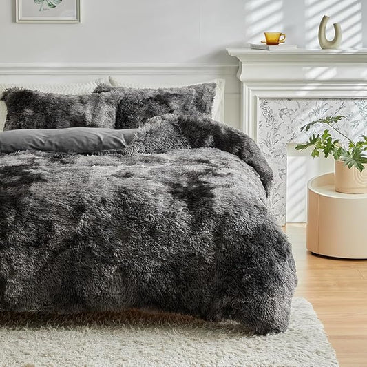 Wajade Faux Fur Plush Tie Dye Dark Grey White Comforter Set Fluffy Fuzzy Shaggy Bedding Set - 3PC King Size Microfiber Soft Warm Quilt Set