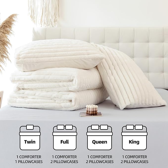 Smoofy Fluffy King Size Comforter Set 3 Pieces - Cream White Fleece Fluffy Comforter Set, Luxury Fuzzy King Bedding Set, Soft King Bed Set All Season, Heavy Faux Fur Comforter with 2 Pillow Cases
